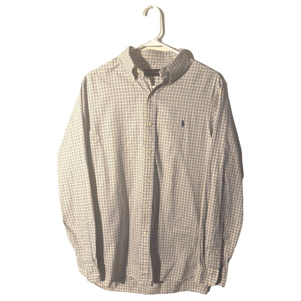 Ralph Lauren Tattersall Plaid Yellow Blue Medium Long Sleeve Button Down Cotton